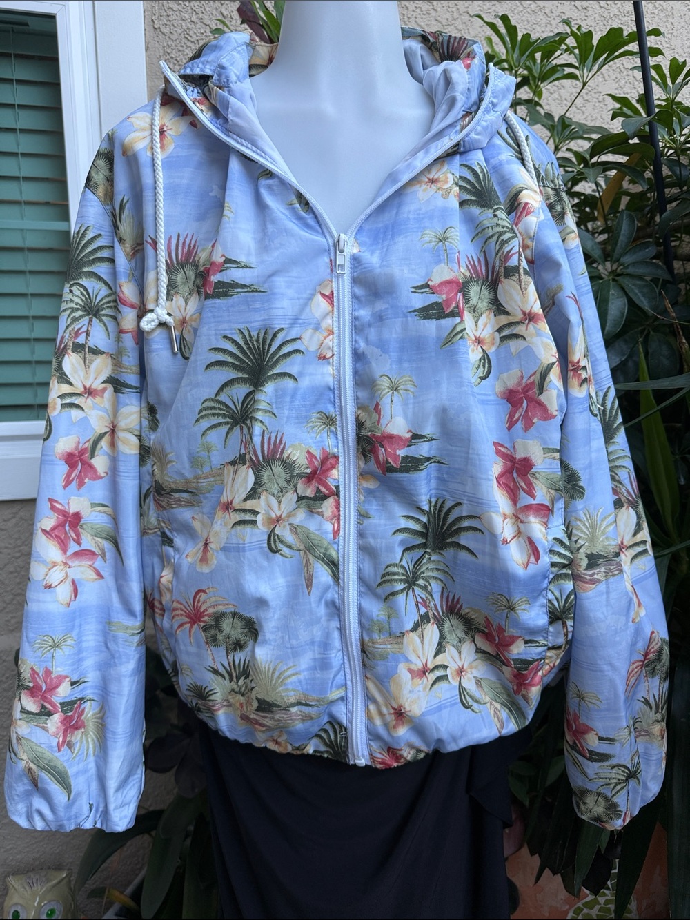 Vintage Forever 21 Light Blue Floral Hooded Bomber Jacket